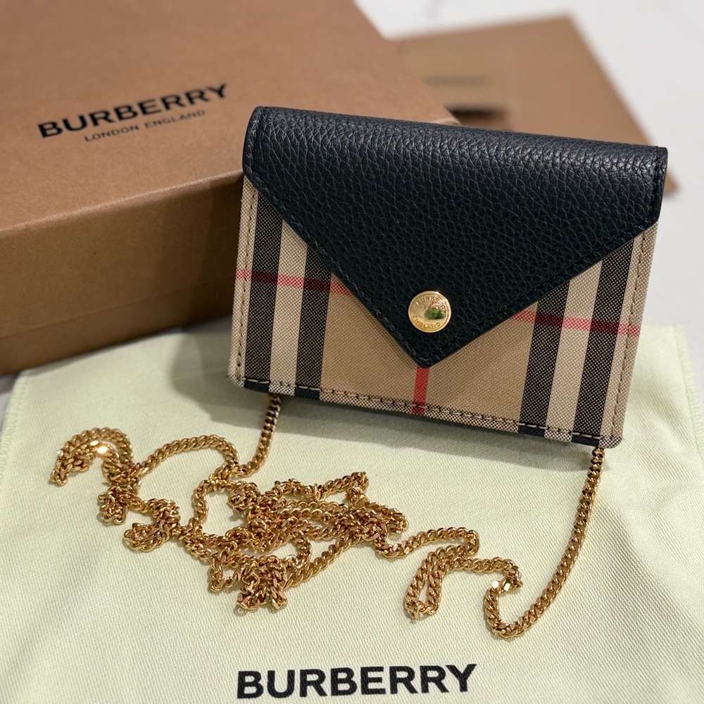Burberry Beige and Black Checkered Wallet with Gold Chain